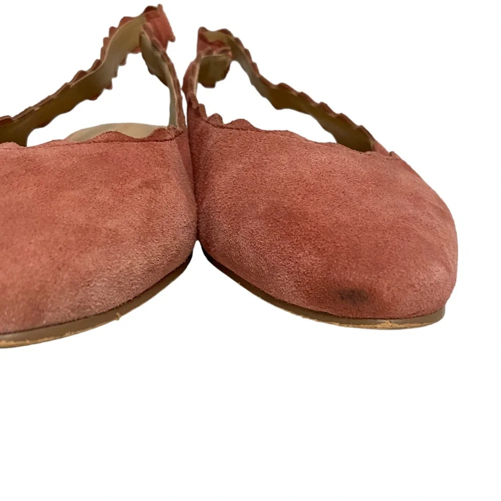 Violet & Red Fall Casual Chic Dita Suede Scalloped Sling Back Flats‎ in Coral